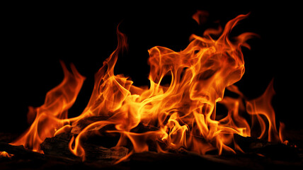 Vivid orange flames dancing against dark background, intense fire and heat. AI generated