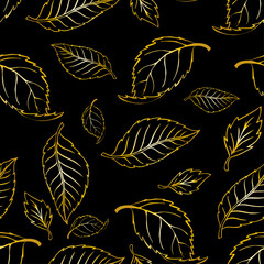 seamless pattern of autumn falling leaves  goldengradient on a green background.ai