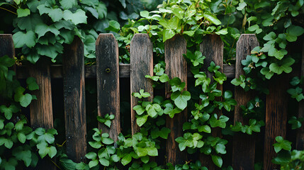 Obraz premium An old wooden fence is covered in lush green foliage.