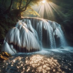 A waterfall that flows with liquid silver sparkling in the sun