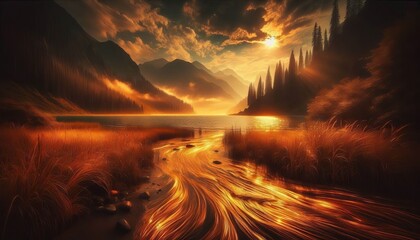 A lake where the water is thick like honey slow and golden in th