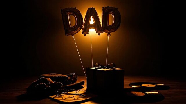 Father's Day still life with illuminated DAD balloons, a gift box, vinyl records, and glasses on a dark background. - Powered by Adobe