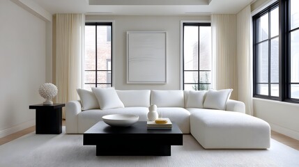 Fototapeta premium Bright and airy minimalist living room with sleek white furniture, large modern decor accents.