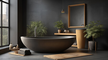 Elegant dark bathroom interior featuring freestanding tub and natural decor accents. AI generated