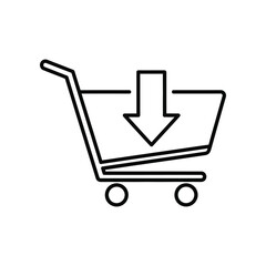 Digital Cart Loading: A clean, minimalist line drawing presents an online shopping cart with a descending arrow. A representation of adding to cart and completing the online buying process