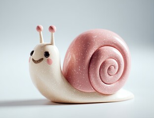 Cute, stylized snail figurine.  Pink shell, cream body.  Light background