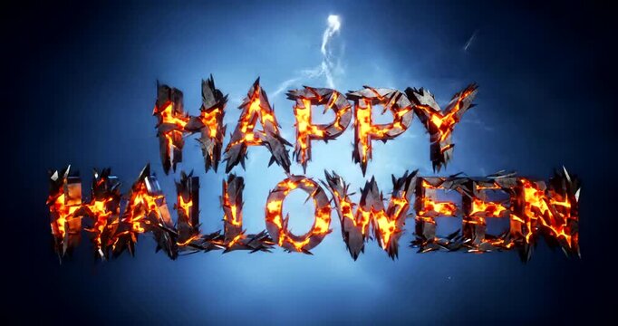 A fiery and glowing Happy Halloween text design against a dark blue background with energy effects.