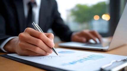 A business professional carefully reviewing charts and documents on a laptop, analyzing financial data and preparing reports for strategic planning and decision-making.