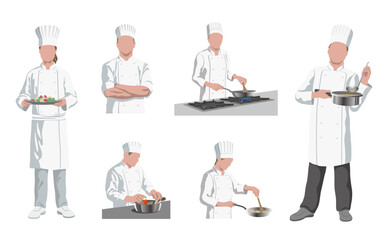 Chefs In Various Cooking Poses. Flat-Style Illustration Set Isolated On A White Background.