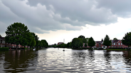 Fototapeta premium Flooded water in the city, mostly dark clouds, roads disappear in water,flode in Pakistan, flooded water in Pakistan, Pakistan people's surviving,