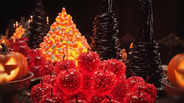 A massive feast table piled with candied apples candy corn mountains and licorice towers under jack o lantern flicker