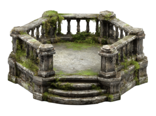 Circular stone gazebo with overgrown mossy steps