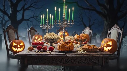 Haunting outdoor still life of a feast mixing sweet confections and rot under ghostly lamps for atmospheric storytelling