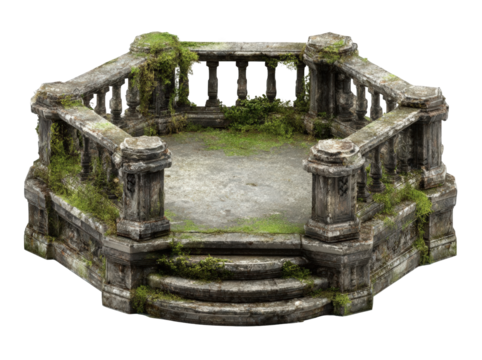 Circular stone gazebo with overgrown mossy steps