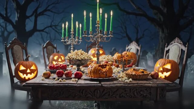 Haunting outdoor still life of a feast mixing sweet confections and rot under ghostly lamps for atmospheric storytelling