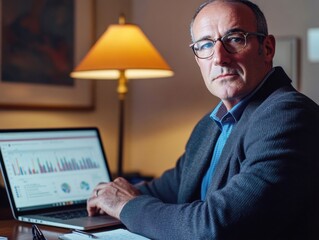 A focused man sits at a desk, engaged with his laptop, which displays colorful business graphs. Soft lamp light illuminates the workspace during the evening.
