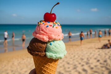 Delicious triple scoop ice cream cone with a cherry on a sunny beach day vacation treat
