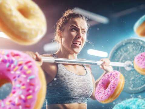 A determined woman lifts a barbell in a gym setting as vibrant donuts hover around her. The atmosphere blends fitness and indulgence, showcasing a unique contrast of strength and temptation.