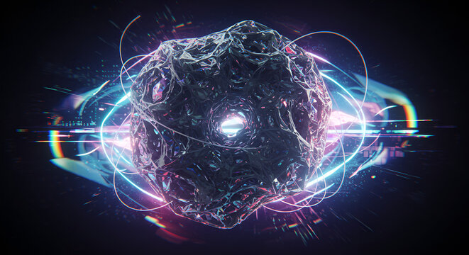 Abstract dark sphere with electric arcs and light trails amidst black backdrop - Powered by Adobe