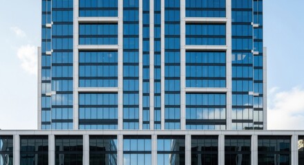 Fototapeta premium Modern skyscraper facade with blue glass windows and white architectural details building architecture