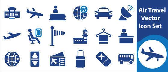 Air travel vector icon set, graphic, art, website, pilot, abstract, filled, flying, restaurant, food, service, beach, aviation, element, background, tourism, symbol, transportation and more