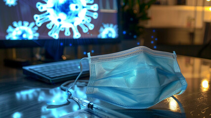 A blue surgical mask rests on a wooden desk next to a notebook and pens, while a computer screen shows digital representations of a virus, highlighting pandemic awareness.generative ai
