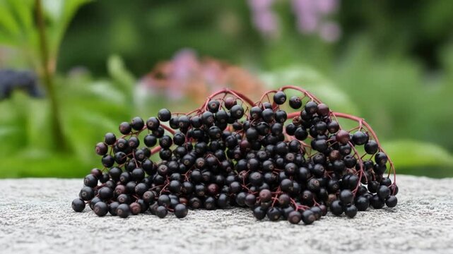 Freshly picked dark elderberries resting on a stone surface with a blurred green background, showcasing their rich color and texture.