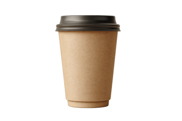 Beige disposable coffee cup with black lid