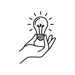 Ignite Ideas: A minimalist linear illustration of a hand cradling a radiant lightbulb, symbolizing innovation, insight, and the spark of ingenuity.