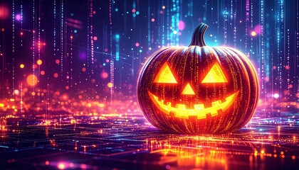 A bright jack-o'-lantern surrounded by glowing digital effects and abstract bokeh. Halloween image combining traditional pumpkin carving with a high-tech, futuristic vibe
