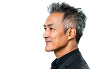 Obraz premium A proud and confident gentleman standing tall. Conceptual art of style for aging men. Trendy men's hard part haircut - midlife southeast asian man with short hair. Pure white solid backgroun.