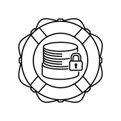 Data Security lifeline: An icon portraying database protection with a locked symbol set within a life preserver, representing the security and safeguarding of information.