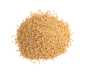pile of raw couscous isolated on white background, top view