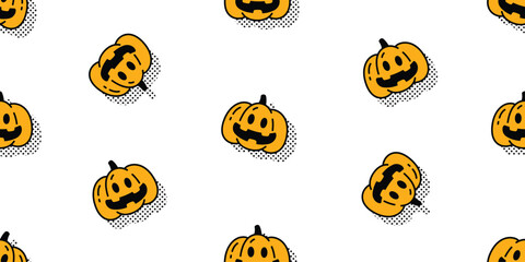 pumpkin seamless pattern halloween jack o lantern half tone vector doodle cartoon character gift wrapping paper repeat wallpaper tile background scarf isolated