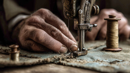 tailor, sewing fabric on vintage sewing machine