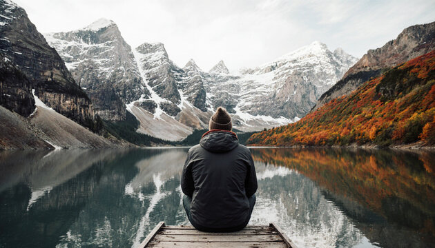 Backpacker in a Hat Sitting on a Dock by an Autumn Lake