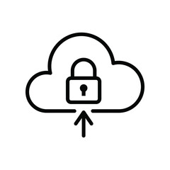 Cloud Security: A secure cloud data storage, symbolized by a cloud icon intertwined with a lock, and an arrow represents protection, secure data uploads in a concise black and white minimalist design