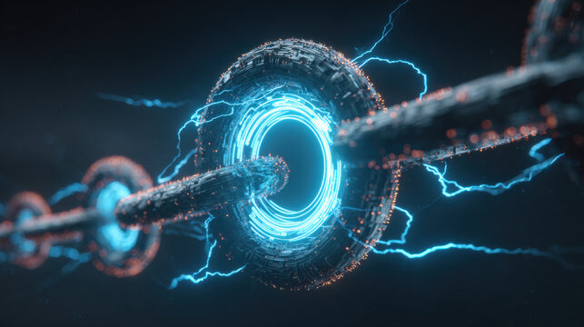 blockchain chain links forming closed loop around stylized AI core blue energy pulses secure technology theme illustration concept scene visual for commercial design use high detail quality stock img