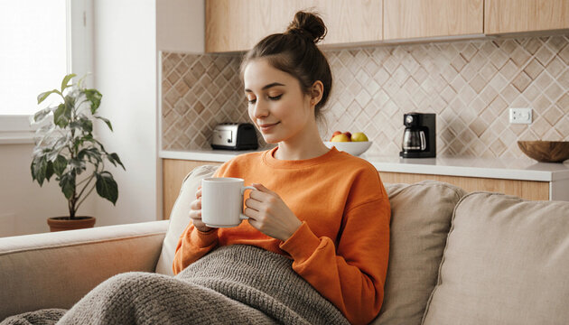 Woman in a Sweater Enjoying a Hot Drink on the Couch