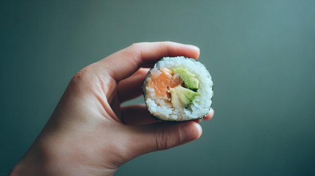 A hand holding a sushi roll with avocado and salmon - Powered by Adobe