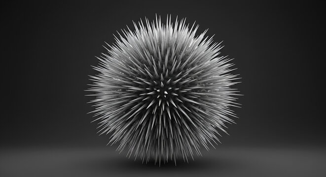 Abstract spiky sphere with sharp needles on a dark background rendering