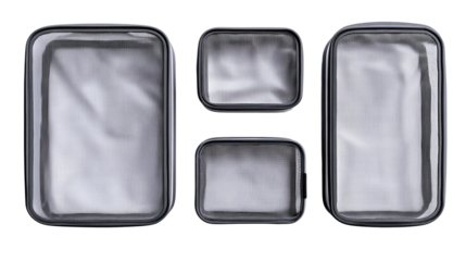 Travel packing organizers in rectangular form with neat pullers and blank mesh fronts, isolated on transparent background.
