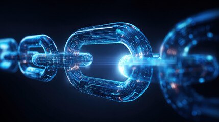 blockchain chain links forming closed loop around stylized AI core blue energy pulses secure technology theme illustration concept scene visual for commercial design use high detail quality stock img