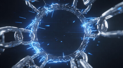 blockchain chain links forming closed loop around stylized AI core blue energy pulses secure technology theme illustration concept scene visual for commercial design use high detail quality stock img