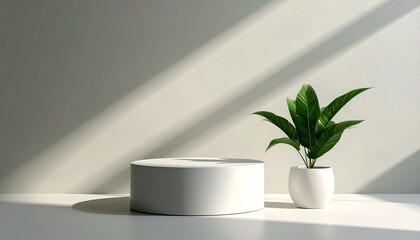 白い台座と観葉植物：自然光が差し込むミニマルな空間Generated image
