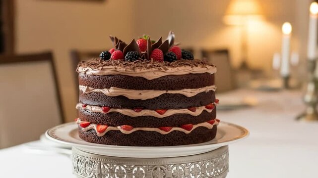 A decadent multi-layered chocolate cake with chocolate frosting, fresh strawberries, raspberries, and blackberries, elegantly presented on a silver stand.