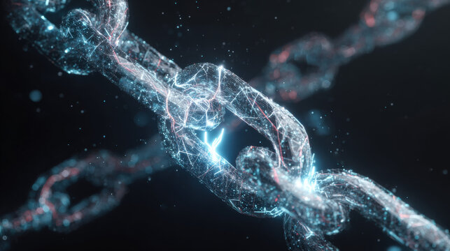 blockchain chain links forming closed loop around stylized AI core blue energy pulses secure technology theme illustration concept scene visual for commercial design use high detail quality stock img