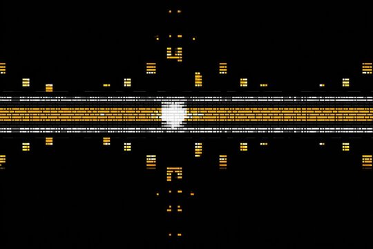 Abstract design with gold and white elements on black background. Symmetrical pattern. Horizontal bands of gold and white squares, and smaller gold elements arranged in a diamond pattern