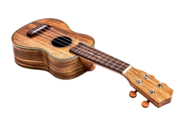 Wooden soprano ukulele featuring clean bridge, taut strings, and polished finish, shown at an angle, isolated on transparent background.
