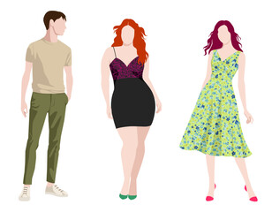1574_Vector fashion illustration of two young beautiful women of different body types and handsome young man